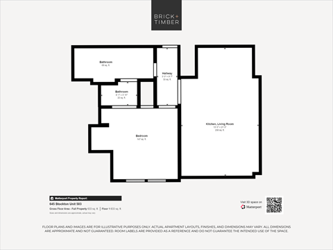 Floor plan for 1 bed, 1 bath, 578 sqft